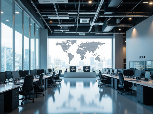 Modern office environment with world map and trade documents, professional setting