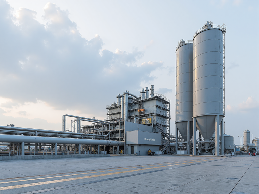 Chemical production plant with tanks and pipelines, industrial setting